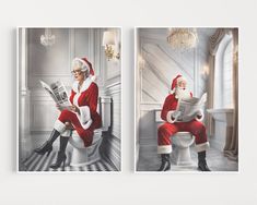 two pictures of santa claus sitting on a toilet and reading a newspaper in the bathroom