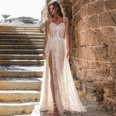 Luxury Flowers Wedding Side Slit Sexy Dress - BLISS GOWN Wedding Sides, Wedding Dress Bohemian, Beach Wedding Gown, Beach Wedding Dress Boho, Dress Luxury, Boho Flowers, Dress Bohemian, Bohemian Wedding Dresses, Dress Boho