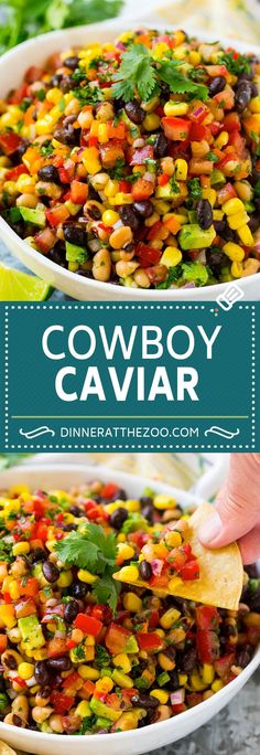 a bowl full of mexican corn salad with the title above it that reads cowboy caviar