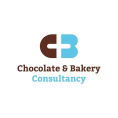 the logo for chocolate & bakery consulting company, with blue and brown letters on it