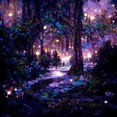 a painting of a forest filled with lots of lights