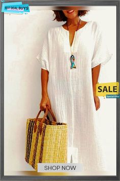 Women's Solid Cotton Casual Loose Dress Long Shift Midi Dress For The Beach, Summer Shift Dress For Daywear, Summer Daywear Shift Dresses, Summer Shift Maxi Dress, Shift Midi Dress For Vacation, Beach Tunic Shift Dress, Casual Short Sleeve Midi Dress For Beach Season, Casual Shift Dresses For The Beach, Chic Shift Maxi Dress For Beach