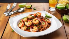 a white bowl filled with shrimp and vegetables next to lime wedges on a wooden table