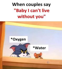 an image of cartoon characters with caption that reads, when couples say baby i can't live without you oxygen water