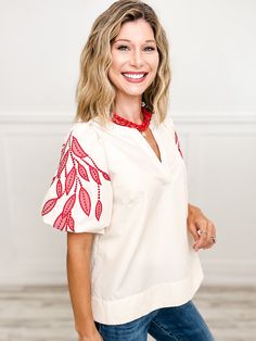 Elevate your style with our Solid V-Neck Bubble Sleeve Top! The unique leaf embroidery adds a touch of elegance, while the bubble sleeves add a playful flair. Perfect for any occasion, this top is both versatile and fashionable. Turn heads and make a statement with this must-have addition to your wardrobe. Fabric- 80% Polyester, 20% Cotton, Contrast: 50% Polyester, 50% Rayon Embroidery Sleeves, Bubble Sleeve Top, Bubble Sleeve, The Bubble, Must Haves, Sleeve Top, Bubbles, V Neck, Turn Ons