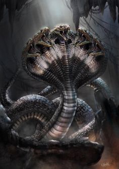 an image of a giant snake in the middle of a forest with two large snakes on it's back