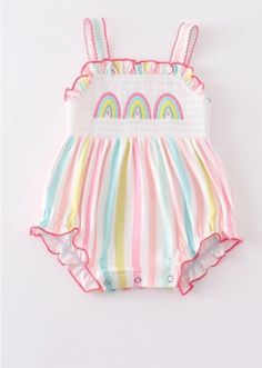 Baby Girl's Striped Rainbow Smocked Bubble Romper -95% Polyester, 5% Spandex -Manufactured by a trusted production partner of Hissy Fitz Boutique Cute Pink Bubble Romper With Smocked Back, Cute Pink Bubble Romper With Smocked Bodice, Playful Fitted Multicolor Bubble Romper, Fitted Multicolor Bubble Romper For Playtime, Cute White Bubble Romper With Smocked Bodice, Multicolor Fitted Cotton Bubble Romper, Fitted Multicolor Cotton Bubble Romper, Cute White Bubble Romper With Smocked Back, Spring Playful Bubble Romper With Smocked Bodice