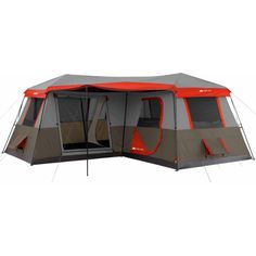 an orange and gray tent with the door open on it's side, in front of a white background