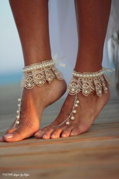 Dance of the pearls with champagne frilly guipure beach by FULYAK Cowgirl Boots Wedding, Pearls And Lace, Wedding Shoes Sandals, Wedding Anklets, Beach Wedding Sandals, Beach Wedding Sandals Barefoot, Beach Wedding Shoes, Barefoot Sandal, Wedding Shoes Comfortable