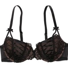 Contour Balconette Nylon/Polyester/Spandex Lace Cups With Satin Ribbon Lace-Up Detail Front Split-Strap Detail And Satin Bows Fully Adjustable Straps Double-Row Hook-&-Eye Closure Jet Black/Sirocco Black Lace Bra With Adjustable Straps, Elegant Black Bra With Adjustable Straps, Black Underwire Bra With Adjustable Straps, Party Nylon Bra With Padded Cups, Black Nylon Bra With Straps, Party Bra With Removable Pads In Nylon, Party Bra With Padded Cups, Black Push-up Bra With Straps, Fitted Black Nylon Bra