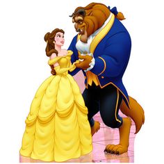 beauty and the beast are dancing together in front of each other with their arms around one another