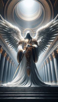 an angel standing in the middle of stairs with his wings spread out, surrounded by columns