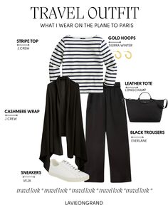 travel outfit with black and white striped shirt