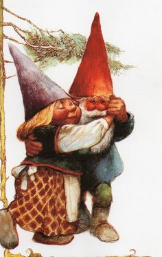 an illustration of two gnomes hugging each other