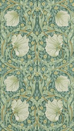 an intricately designed wallpaper with flowers and leaves in green, yellow and blue