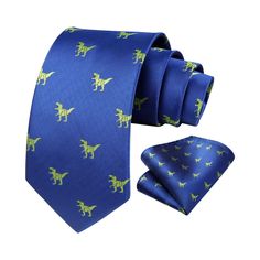 Dinosaur Tie Handkerchief Set - 04-BLUE/GREEN Blue Tie With Pocket Square As Gift, Blue Ties As Summer Gift, Blue Ties For Summer Gift, Blue Tie For Summer Gift, Blue Ties With Pocket Square For Father's Day, Blue Tie With Pocket Square For Father's Day, Blue Tie For Summer As A Gift, Green Neckwear With Ties For Gift, Green Neckwear With Ties As Gift