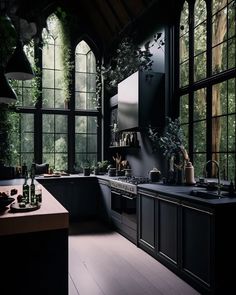 an image of a kitchen setting with dark colors