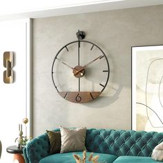 a living room filled with furniture and a large clock on the wall above the couch