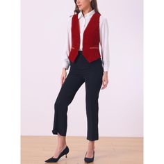 Pair with the solid color blouse or ruffle neck shirt for a casual business style. In this vintage solid color velvet fabric design, this vest is classic and timeless for your daily outfits. Classic OL style, fit for office and other formal occasions. Retro contrast satin with velvet can show your elegance and more charming, making you look more and more capable. Classic Red Sleeveless Vest, Red Fitted Sleeveless Vest, Retro Fitted V-neck Vest, Elegant Stretch V-neck Vest, Casual Red V-neck Vest, Womens Tailored Suit, Summer Vest, Color Blouse, Business Style