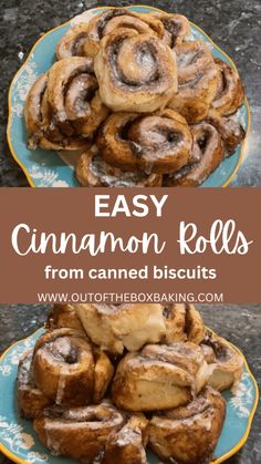 cinnamon rolls stacked on top of each other with the words easy cinnamon rolls from canned biscuits