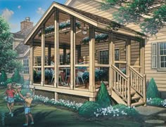 this is an artist's rendering of a small cabin style house with porches