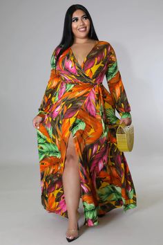 Beautiful, vibrant colored, long sleeved, maxi dress. pair with sandals or strappy heel for complete look. Stretch dress Surplice neckline Long sleeves Slit Self tie waist No closure 95% polyester 5% spandex Hand wash cold Model is wearing a 2X Plus Size Cabo Outfits, Cabo Outfits, Curvy Maxi Dress, Maxi Dresses Plus Size, Sleeved Maxi Dress, Pool Party Dresses, Plus Size Fashionista, Plus Size Maxi Dress, Sewing Fashion