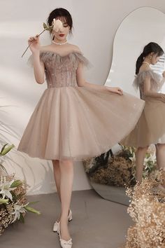 A Line Birthday Dress, Korean Short Dresses Party, Pretty Short Prom Dresses, Short Flowy Prom Dresses, Short Formal Dresses Hoco, Pretty Short Dresses Formal, Prom Dresses Asian Style, Prom Outfits Short, Prom Dresses For Short Women