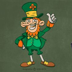 a cartoon leprezi man wearing a green hat and holding a beer in his hand