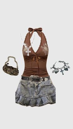 Short denim and top y2k fashion Unique Rave Outfits, Street Style Outfits Casual, Trashy Outfits, 2000s Outfit, Trendy Outfit Ideas, Fall Outfit Ideas, 2000s Fashion Outfits, Trendy Outfit, Simple Trendy Outfits