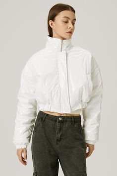 storets.com Haley Coated Puffer Jacket Spring Puffer Cropped Jacket For Streetwear, Spring Streetwear Cropped Puffer Jacket, Spring Cropped Puffer Jacket For Streetwear, White Outerwear With Zip Fly For Fall, White Zip Fly Outerwear For Winter, Trendy White Outerwear With Ribbed Cuffs, Fitted Winter Outerwear With Button Zip Fly, Fall Streetwear Outerwear With Button Zip Fly, Trendy Spring Outerwear With Button Zip Fly