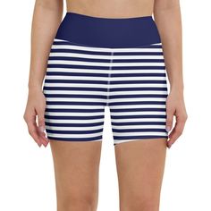 Berry Jane Women's Mid-thigh Swim Shorts. These cute, timeless nautical stripe swim shorts are a perfect coverup for SUP paddle boarding, swimming, or lounging. These shorts offer UPF 30+ Sun protection with a high-waisted, mid-thigh length. The slimming effect keeps you looking great while enjoying the salt air and sunshine! Details: High waist (sits at the natural waist) Wide waistband Inseam length 4 3/4" (Size S) For more fit and sizing info, check out our size chart Features: 82% polyester, White Surfing Shorts, Navy Shorts For Poolside, Navy Athletic Shorts For Summer Beach Activities, Nautical Style Summer Vacation Bottoms, Summer Beach Biker Shorts With Short Leg, White Summer Yoga Shorts, Navy Athleisure Shorts For Summer, Sporty Navy Beach Shorts, Sporty Navy Shorts For Beach