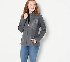 It's faux leather weather! And, this fabulously flattering mixed-media jacket is how we do it! How cool is that? From Belle by Kim Gravel. Casual Outerwear With Suede Overlays, Casual Spring Leather Jacket With Suede Overlays, Casual Leather Jacket With Suede Overlays For Spring, Trendy Fall Leather Jacket With Faux Pockets, Fall Faux Leather Outerwear With Faux Pockets, Trendy Winter Leather Jacket With Faux Pockets, Spring Leather Jacket With Faux Front Pockets, Casual Fall Outerwear With Suede Overlays, Casual Suede Overlay Outerwear For Fall