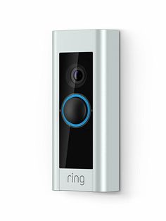 the ring video door phone is mounted on a wall with a blue circle around it