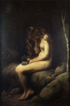 a painting of a naked woman sitting on a rock