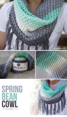 a crocheted scarf with fringes and yarn in grey, green and white