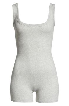 Slip into the supersoft comfort of a stretch-enhanced cotton blend with this finely ribbed romper that hugs the body while allowing skin to breathe. 29" length; 4 1/2" inseam; 17" leg opening (size Medium) Pull-on style Scoop neck Mesh lining 95% cotton, 5% spandex Hand wash, dry flat Imported Cotton On Outfits, Gray Jumpsuit, Grey Romper, Ribbed Romper, Grey Jumpsuit, Quoi Porter, Grey Bodysuit, Clothing Pieces, Body Top