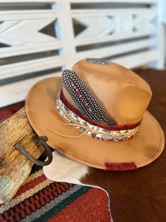 Is anything sweeter than this western inspired felt fedora? The custom hat band is embellished with delicate Czech beads in reds, plums, and gold, a beaded Guinea feather, and is hand burned for a broken-in look. Pair it with a sweater and jeans for chilly-weather boho vibe One size fits most and inside band is adjustable. Colors may appear slightly different in the photo due to variations in screen display and lighting. Bohemian Adjustable Felt Hat For Kentucky Derby, Adjustable Bohemian Felt Hat For Kentucky Derby, Bohemian Felt Hat For Western-themed Fall Events, Rustic Adjustable Felt Hat For Festival, Artisan Short Brim Felt Hat For Fall, Artisan Fedora With Short Brim For Fall, Brown Western Mini Hats For Festivals, Vintage Fedora Mini Hat For Festivals, Western Style Brown Mini Hats For Festival