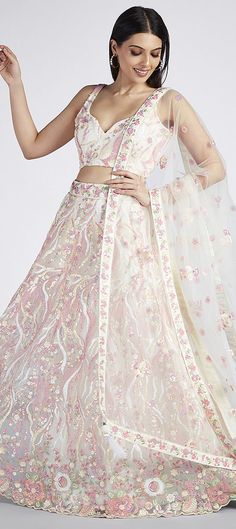 Bridal, Designer, Wedding White and Off White color Lehenga in Net fabric with Flared Embroidered, Sequence, Thread work : 1923868 Diwali Organza Gown With Floral Embroidery, Traditional Drape Pink Gown With Floral Embroidery, Elegant White Floral Embroidered Sharara, Pink Gown With Floral Embroidery And Traditional Drape, Embroidered Organza Gown For Diwali, Off White Wedding Sets With Dupatta, Traditional Organza Choli With Floral Embroidery, Off White Floral Embroidered Traditional Wear For Reception, Floral Embroidered Sharara With Traditional Drape For Wedding