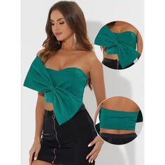 Women's cropped bandeau top with sleeveless, a front large bow, and a sweetheart neck design, is a perfect choice for a boldly feminine and stylish look. The sweetheart neckline accentuates your curves, while the strapless design adds a touch of charm. The bow detail on the front adds a playful element to the overall aesthetic. Whether you're heading to a party or a night out on the town, these crop tops are sure to turn heads. Trendy and cute style, the bow tie strapless crop top paired with sk Spring Crop Top With Bow For Party, Chic Cropped Bow Crop Top, Fitted Bow Crop Top, Flirty Crop Top With Sweetheart Neckline For Party, Spring Party Tube Top With Sweetheart Neckline, Sleeveless Bow Crop Top For Party, Sleeveless Crop Top With Bow For Party, Flirty Sweetheart Neckline Crop Top For Party, Strapless Fitted Crop Top For Party Season