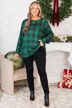 Our ALL NEW curved hem slouchy is here!!! This hunter green plaid tunic has a flattering CURVED hem, our signature dolman sleeves and long, looser fit! It is going to be your new go-to piece for the fall and winter! It is seriously the softest material ever, and the color makes it SO easy to style! Pair it with leggings, skinnies, booties, flats, a scarf, some bold accessories...seriously the opportunities are endless!! 100% Polyester Green Tops With Shirttail Hem For Fall, Green Shirttail Hem Top For Fall, Plaid Tunic, Bold Accessories, Plaid Top, Model Fits, Green Plaid, Hunter Green, Dolman Sleeve