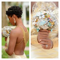 a woman holding a bouquet of flowers next to another woman in a wedding dress wearing gold jewelry