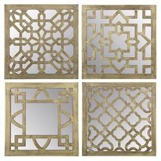 four decorative mirrors with gold frames on each side and an intricate design in the middle