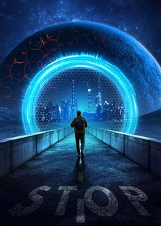 a man walking across a bridge in front of a large blue object with the word stop written on it