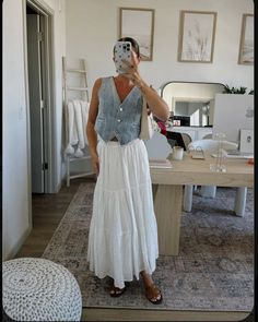 White Skirt And Denim Vest, Womens Work Outfits Summer, Denim Boho Outfit, Boho Maxi Skirt Outfit Summer, How To Style Vests For Women, White Flowy Skirt Outfit Summer, Denim Vest Summer Outfit, Outfits For Austin Texas Spring, Denim Vest White Skirt Outfit