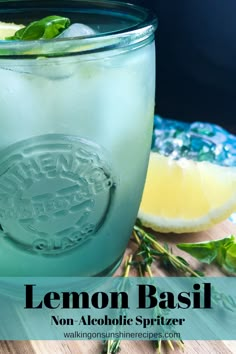 lemon basil non - alcoholic spritzer in a mason jar