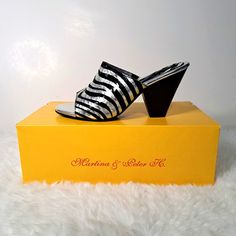 Martina & Peter H Wama Silver Tiger Metallic Leather Sandal Black And Silver Metallic Zebra Stripe Made In Spain Size - 7.5 / 38 New With Box And Shoe Bag Silver Slip-on Party Mules, Formal Silver Mules For Summer, Metallic Leather Mules For Evening, Silver Slip-on Mules For Formal Occasions, Silver Leather Mules For Spring, Silver Round Toe Mules For Evening, Silver Leather Round Toe Mules, Silver Mules For Evening With Round Toe, Silver Mules With Round Toe For Evening