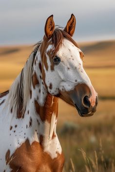 a brown and white horse standing on top of a dry grass covered field with hills in the background