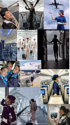 the collage shows many different images of people on an airplane, and one woman is holding