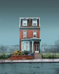 an old house with blue trim on the front and side windows, sitting next to a fence