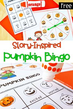 an orange and white pumpkin themed printable game with the words story - inspired pumpkin bingo